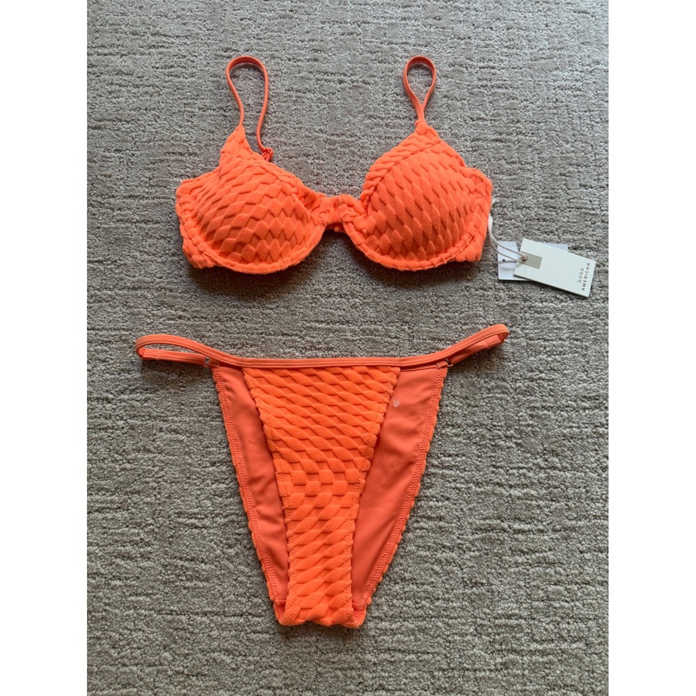 Good American Bikini Women Neon Orange NWT 2 Terry Textured Underwire G string